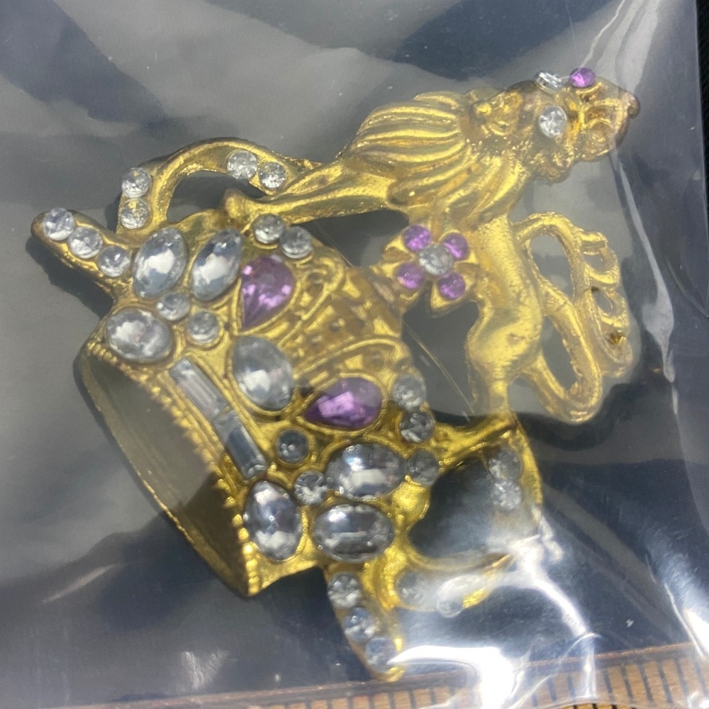 Vintage Crown Brooch Lion Rhinestone Gold Tone Purple Flower Detailed Pin